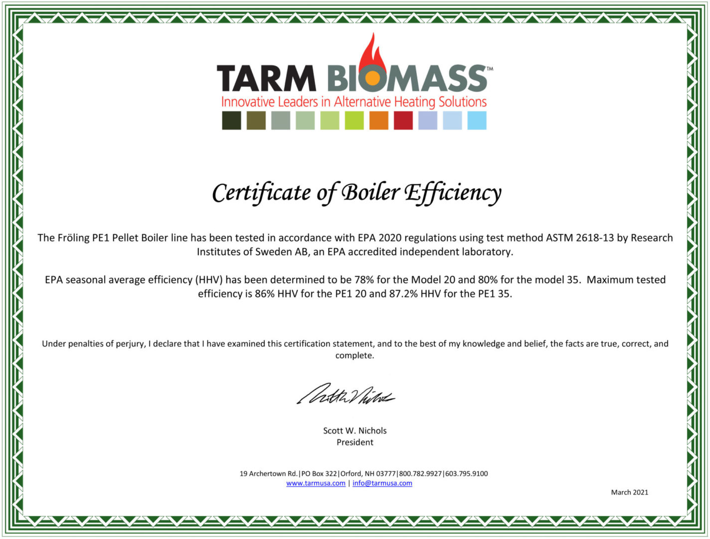 PE1 Certificate of Efficiency for tax credit